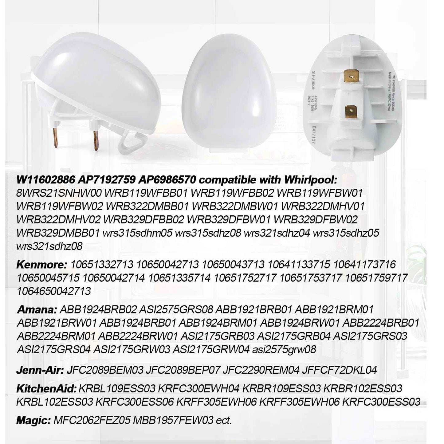 2pcs W11251749 Fridge Freezer Light Bulb, Refrigerator Led Bulb Replacement Fridge Light for Refrigerator