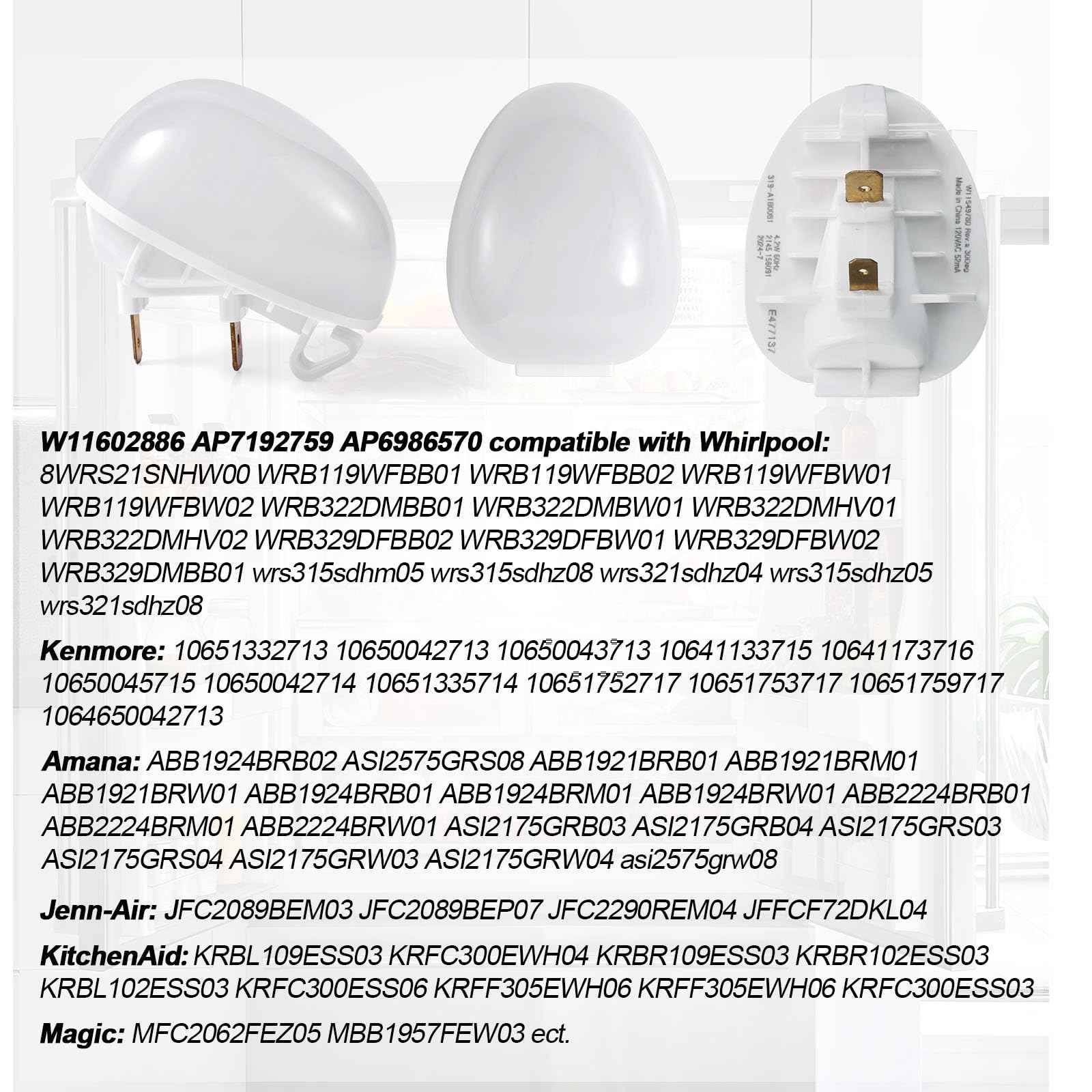 2pcs W11251749 Fridge Freezer Light Bulb, Refrigerator Led Bulb Replacement Fridge Light for Refrigerator