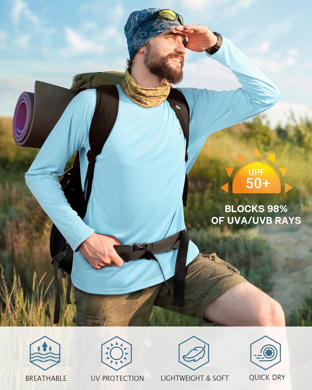 Roadbox Men's UV Sun Protection Shirt - UPF 50+ Long Sleeve Rash Guard for Fishing, Hiking, Swimming