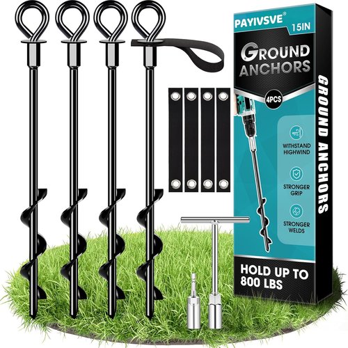 Ground Anchors | 4Pcs Heavy-Duty Screw-In Stakes with Straps - Wind Resistant for Trampolines, Tents & More (4x15in)