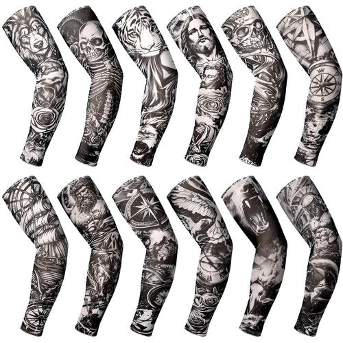 Boao 12 Pcs Temporary Tattoo Sleeve for Men Cooling Arm Sleeves Long Fingerless Arm Cover Anti Slip UV Protection Sun(Novelty Style,One Size)
