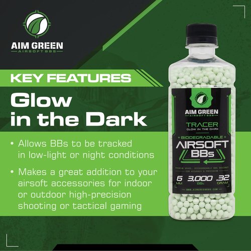 Aim Green Tracer Biodegradable Airsoft BBs - Glow-in-The-Dark, 3,000 Count, .20/.25/.32 Grams