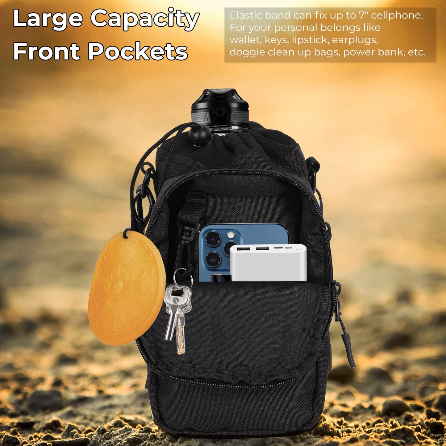 Nuovoware Water Bottle Carrier, 40oz Bottle Carrier Sports Water Bottle Holder with Adjustable Shoulder Strap, 2 Pockets Flask Sling Bag Drawstring Pouch for Climbing Hiking Walking, Carbon Black