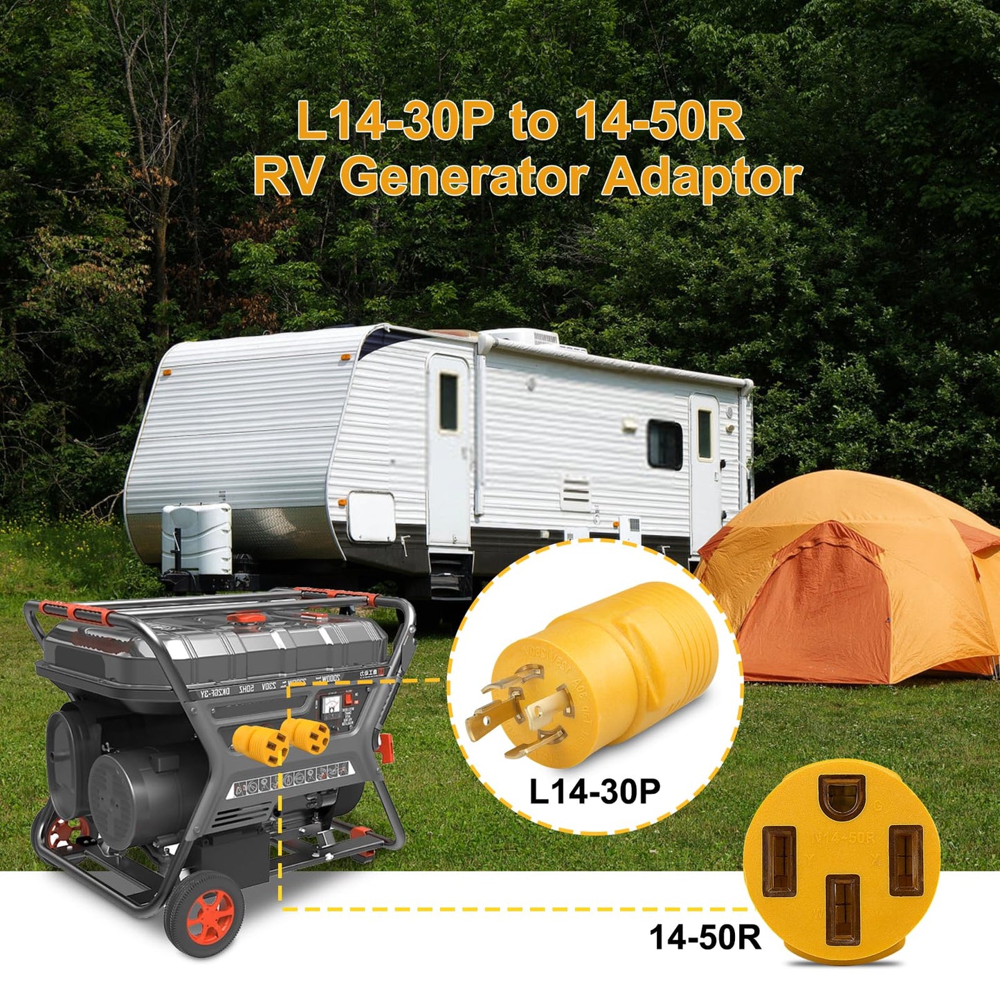 RV Generator Adapter Compatible with NEMA L14-30P to 14-50R 30 Amp to 50 Amp Locking Generator 4 Prong Heavy Duty for RV Trailer Camper Generator EV Level 2 Charging.