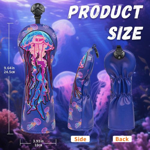 LZFAN Golf Club Head Covers Driver Fairway Wood Hybrid Golf Club Headcover Leather Protector Heavy Embroidered Colorful Jellyfish (Hybrid)