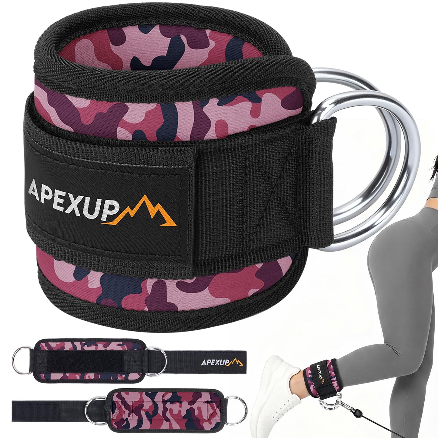 APEXUP Ankle Strap for Cable Machine, Ankle Resistance Bands, Cable Kick Back Straps for Gym, Glute Workouts, Leg Extensions, Adjustable Straps with Neoprene Padding (Single, Pink Camo)
