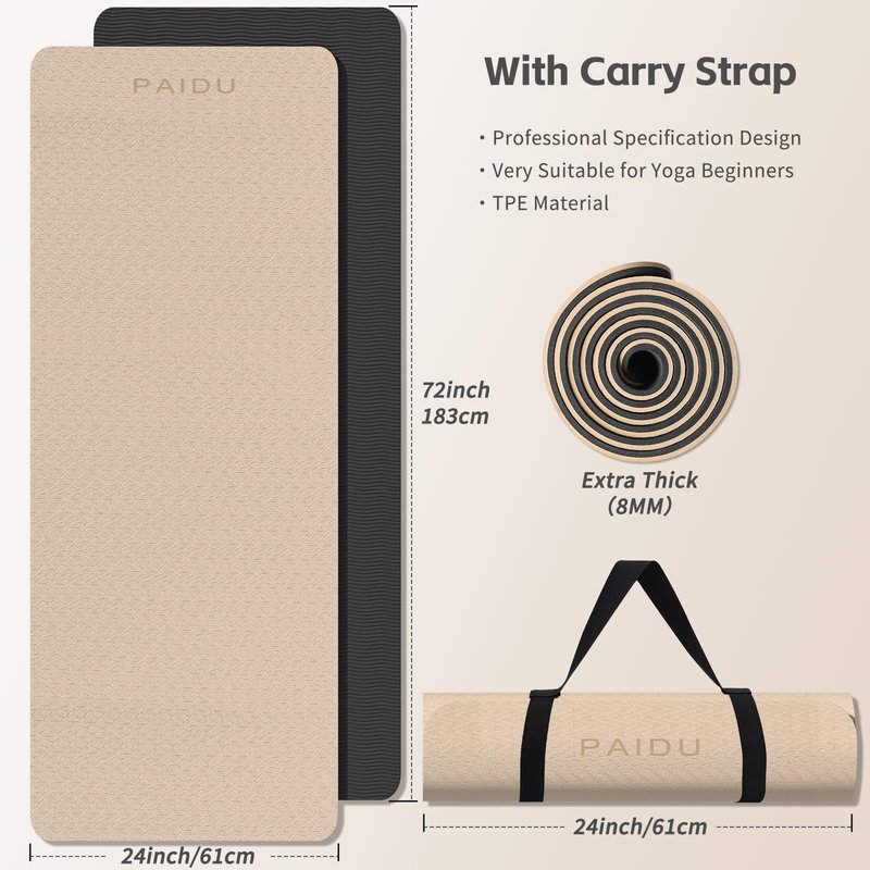 PAIDU Yoga Mat 8mm Super Thick TPE Fitness Mat | SGS Certified | Non-Slip, Odorless & Tear-Resistant | Unisex with Strap | for Yoga, Pilates, Meditation & Home Workouts (Beige&Black)