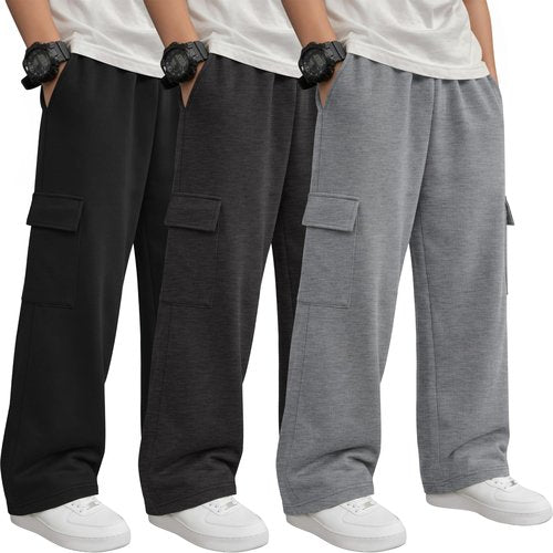 LessonZoo 3 Pack Boys' Sweatpants Wide Leg Baggy Cargo Pants with 4 Pockets Kids Elastic Waist Straight Loose Joggers(Medium,Black, Dark Heather Gray, Light Heather Gray)
