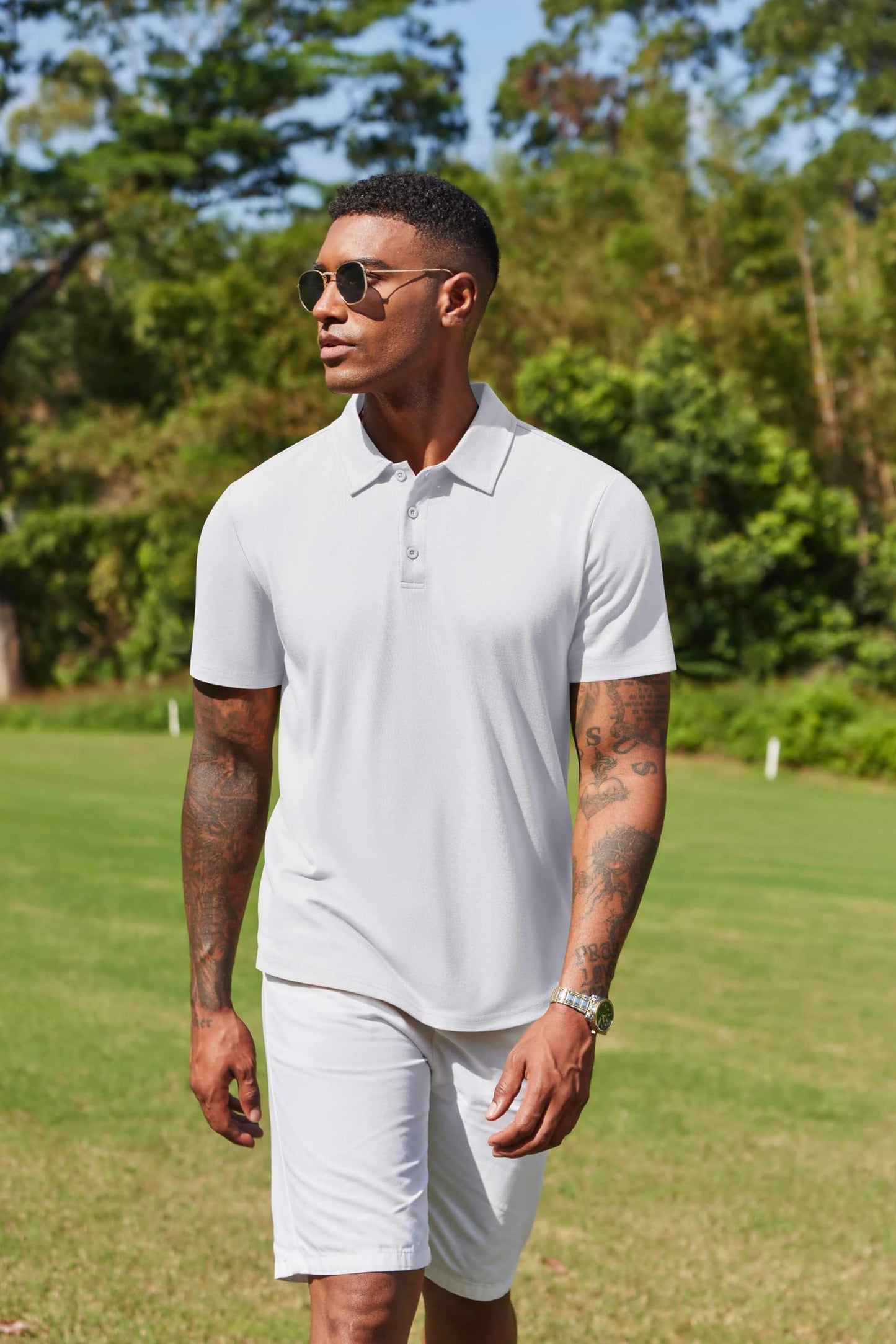 COOFANDY Mens Golf Shirts Short Sleeve Casual Work Polo Shirts 3 Button Shirts for Men White
