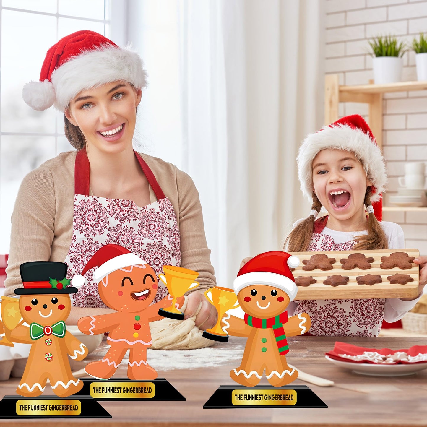 LOTADILO 3 Pcs Christmas Contest Trophy Set Wooden Gingerbread Man Contest Trophy Funny Trophies Gingerbread Man Cookie Santa Snowman Funny Party Prizes for Adults Xmas Decorations