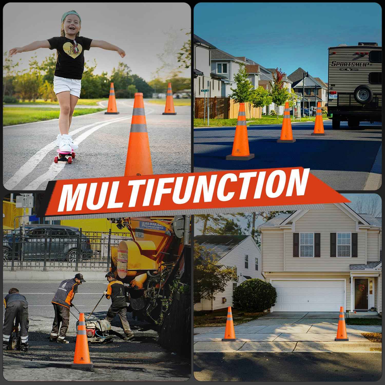 28 Inch Collapsible Traffic Safety Cones - Weighted Base & Reflective Collars, 4 Pack