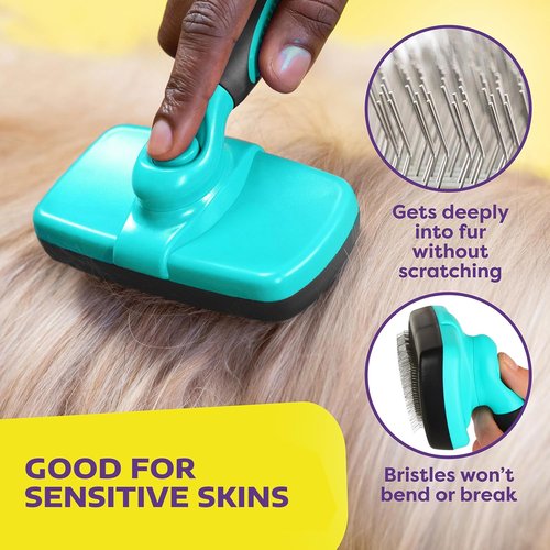 Hertzko Dog Brush - Self-Cleaning Slicker Brush for Shedding - Gently Removes Loose Hair & Tangles - Aqua