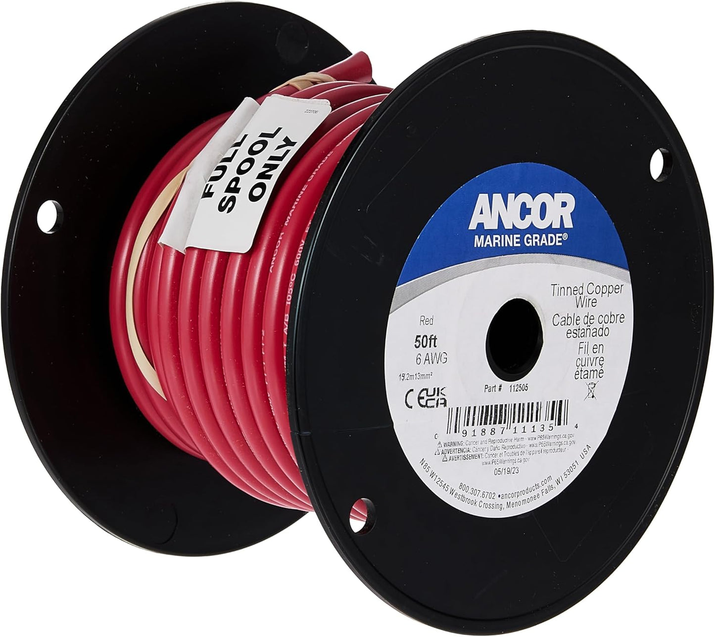 Ancor 112505 Tinned Copper Wire - 6 AWG (13mm²) Red | Durable 50ft Length for Reliable Connections
