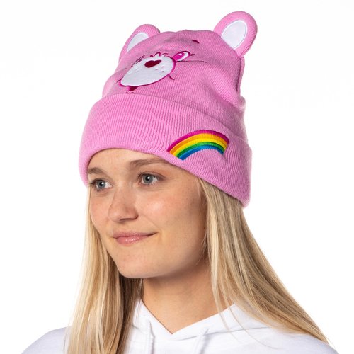 Care Bears Embroidered Face and Belly Badges with 3D Ears Cuff Knit Adult Beanie- 4 Styles Available Grumpy, Share, Cheer, Funshine (Cheer Bear)