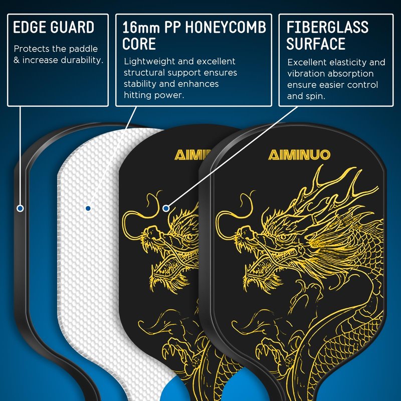 AIMINUO Pickleball Paddles, Fiberglass Pickle Ball Paddle Set, 16mm Lightweight Pickleball Paddles for Men Women Kids Indoor & Outdoor, Golden Dragon Black