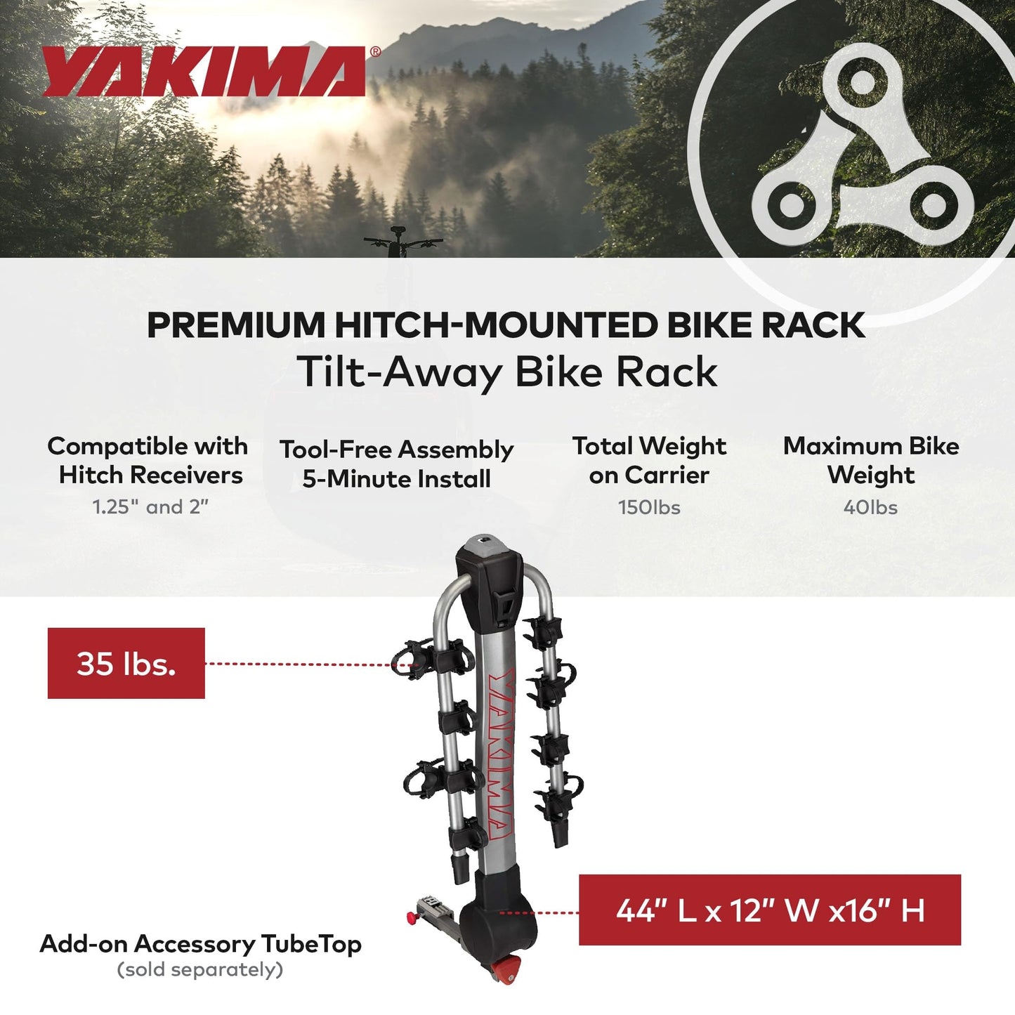 Yakima Ridgeback Tilt-Away Hitch Mount Bike Rack, Foldable Design for Storage - Folding Rear-Mounted Bicycle Carrier for Car, SUV, or Truck Receiver with Anti-Sway & Lock System