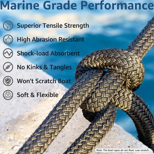 Marine-Grade Boat Dock Lines by [Brand Name] - 5/8" x 15' Double Braided Nylon Ropes | High Strength, Easy Handling - 4 Pack, Black