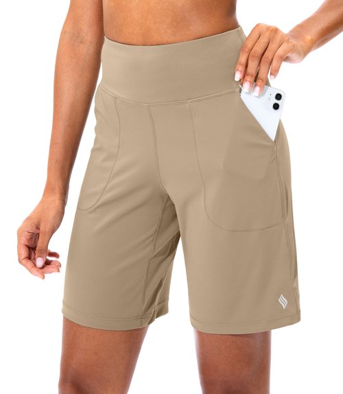 SANTINY Women's Athletic Bermuda Shorts High-Waisted Long Shorts for Women Running Yoga Lounge with Pockets（Khaki-XL