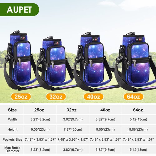 AUPET Water Bottle Sling Bag Sleeve Holder Carrier 25/32/40/64 oz,Insulated Crossbody Water Bottle Case Cover with Strap and Pockets for Men/Women Walking Hiking Camping (32oz, Purple Starry Sky)