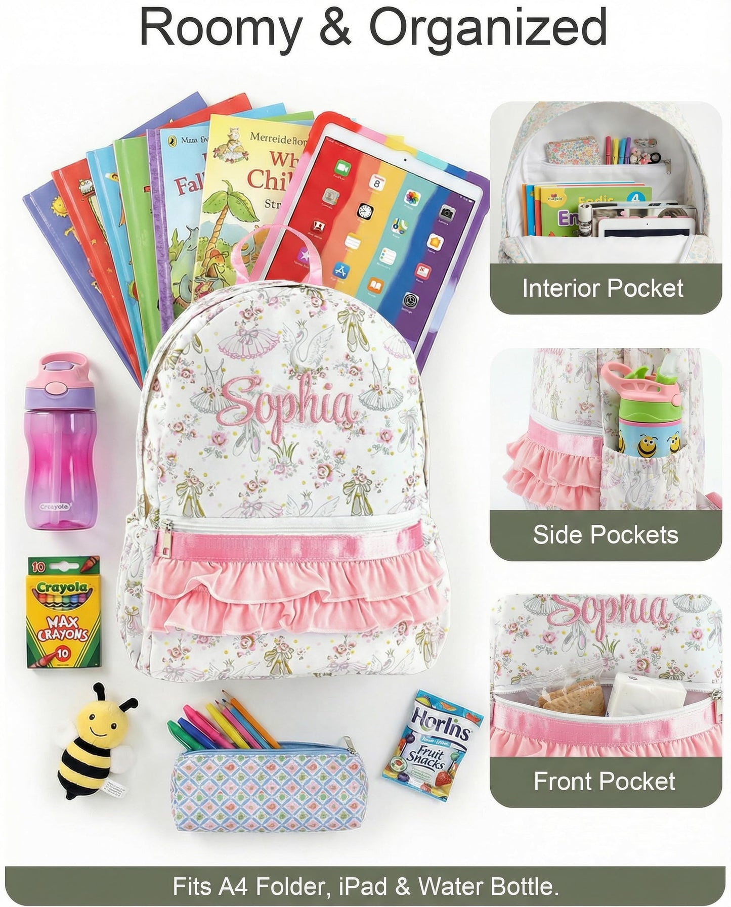 Personalized Backpack Custom Girls Preschool ruffle Bag,Ballet White