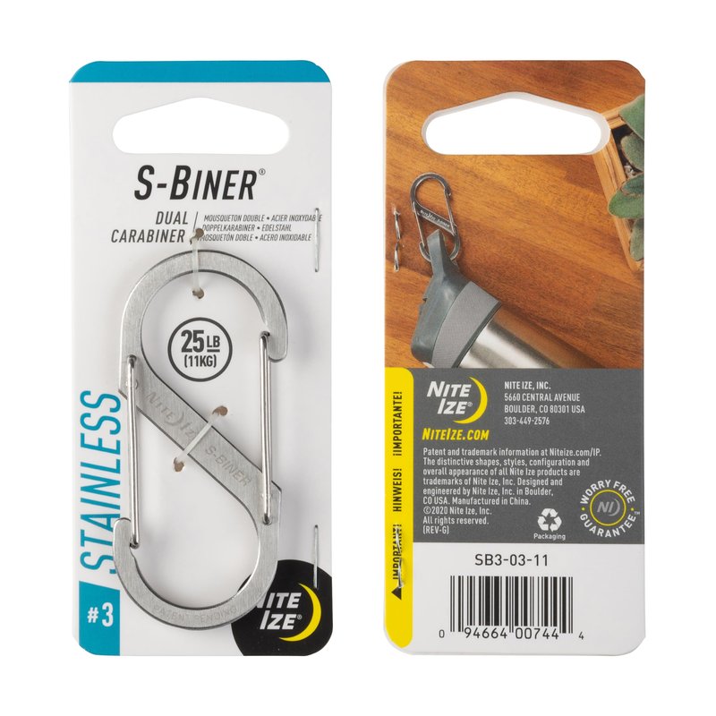 Nite Ize S-Biner Stainless Steel Dual Carabiner - Multi Purpose Dual Carabiner Clip - Great for Camping Supplies & Hiking Essentials - Secure Key Holder - Size 3, Stainless (6 Pack)