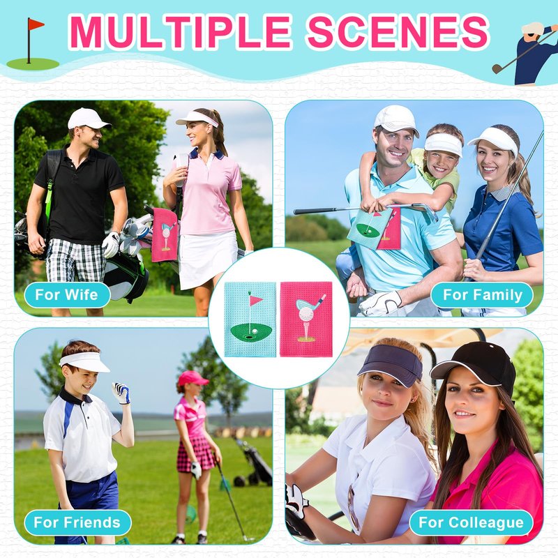 Mindsoft 2 Pieces Funny Golf Towel Microfiber Embroidered Ball Towels for Women Ball Bags with Clips Accessories Waffle Pattern for Mother Golf Fan Birthday Gifts(Hot Pink Blue,Elegant Style)