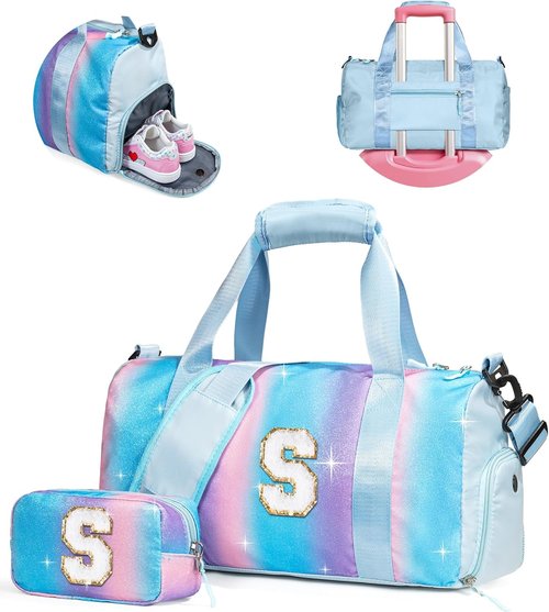 Girl Must Haves-Girl Gym Bag with Shoe Compartment, Kid Personalized Weekender Overnight Bags, Travel Tote with Makeup Pouch, Gift for 3 4 5 6 7 8 9 10 11 12 Year Old Girls (Letter S)