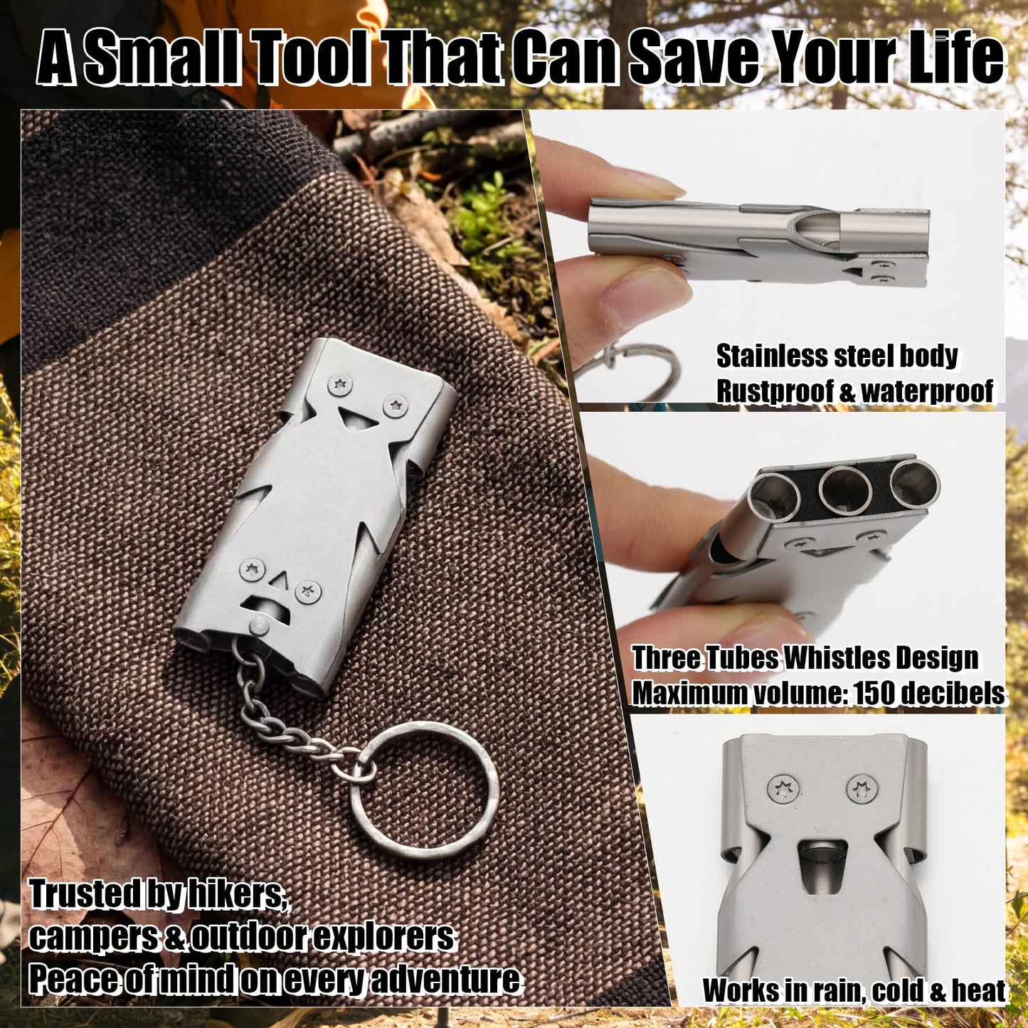 Konohan 2 Packs Emergency Whistle for Women Safety 130db Loud Whistles Self Defense Three Tubes Whistle with Keychain Stainless Steel Alarm for Girls Kids Jogging Running Travel Outdoor