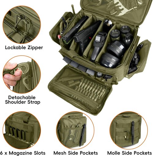 DULCE DOM Tactical Gun Range Bag - Handgun & Ammo Case with Lockable Compartment | Extra Magazine Storage