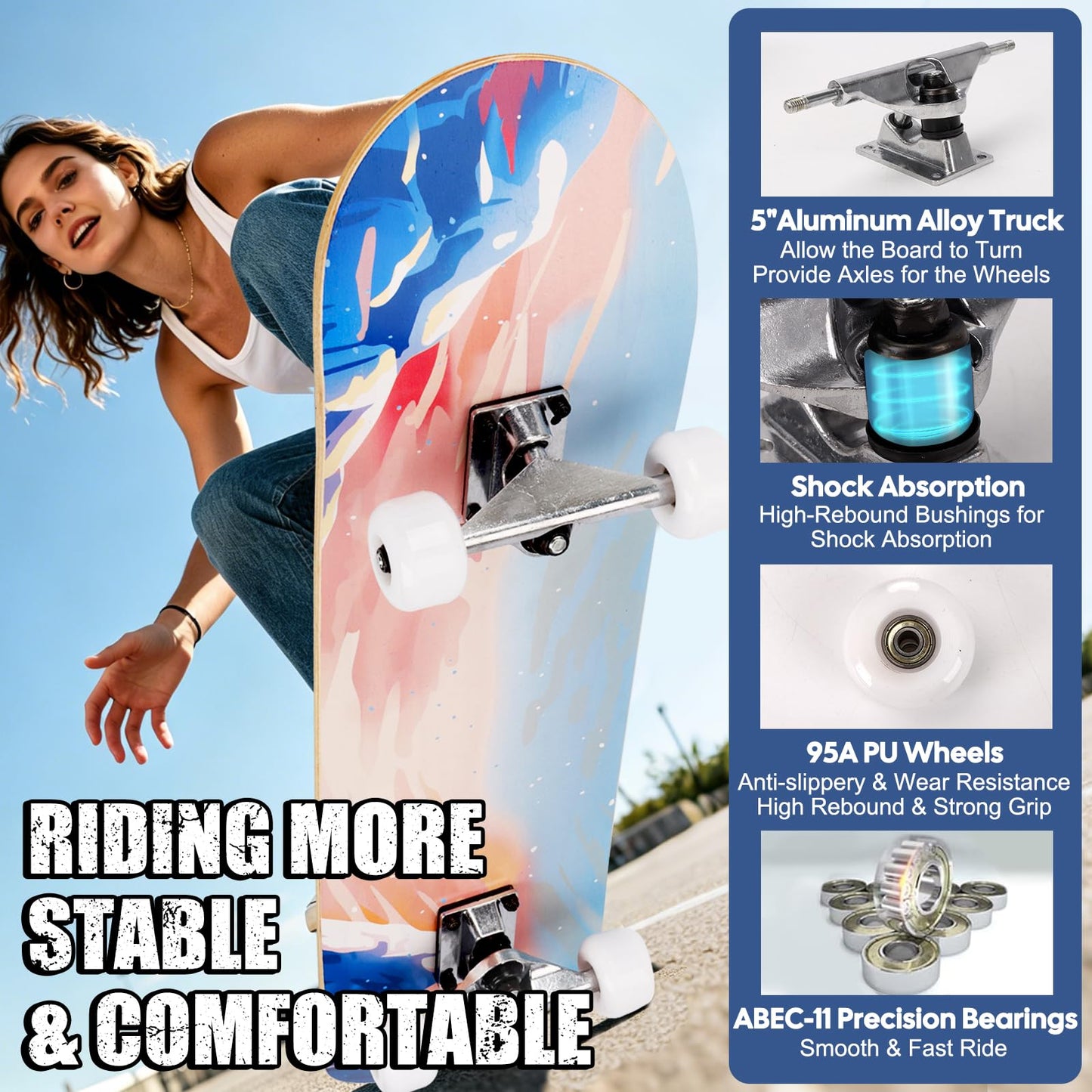 CAPARK Skateboards for Beginners Adults Youths Teens Kids Girls Boys 31 Inch Pro Complete Skate Boards 7 Layer Canadian Maple Double Kick Concave Longboards (Ocean)