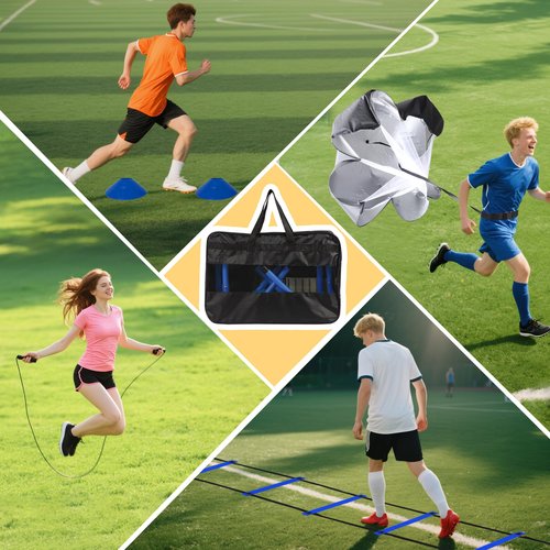 Kevirice Agility Ladder, Agility Training Equipment Set, 20ft 12 Rung Agility Ladder, 4 Agility Hurdles, Running Parachute, Jump Rope, 5 Resistance Bands, 12 Resistance Cones for Athletes, Adult(Blue)
