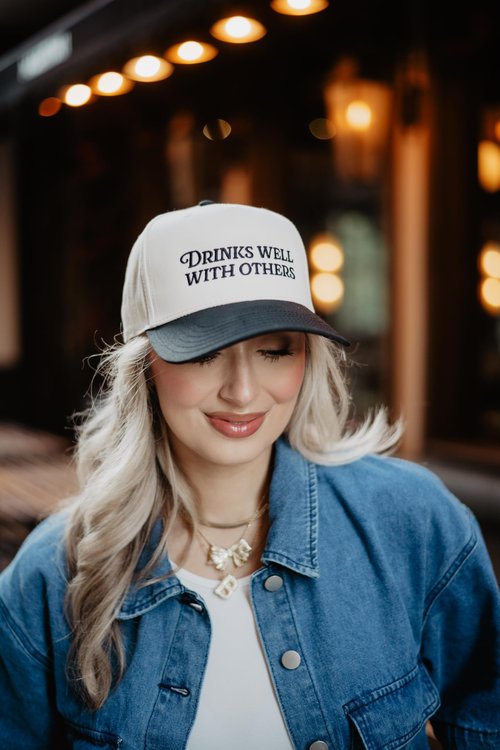 KATYDID Drinks Well with Others Vintage Hat - Two-Toned Trucker Hat - Embroidered Vintage Baseball Cap for Women - Snapback (Black/Tan)
