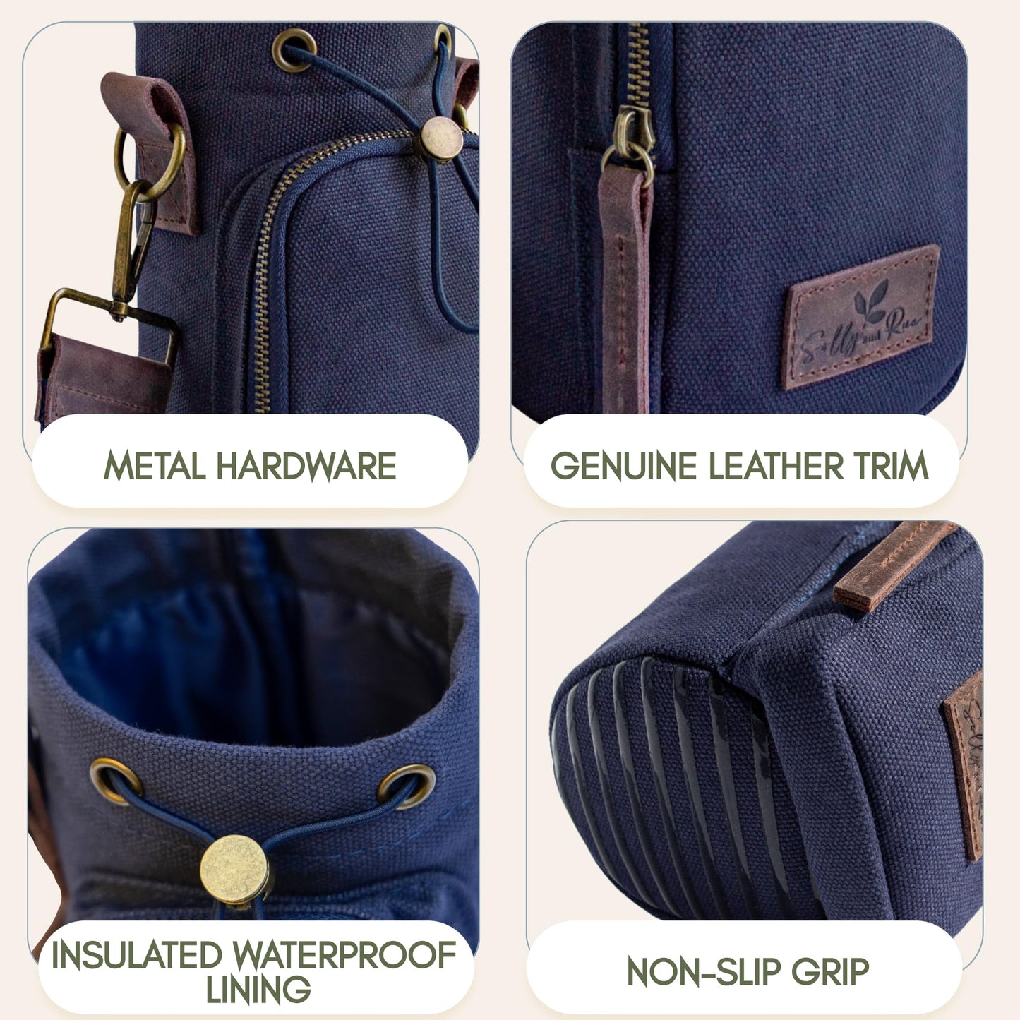 Solly and Rue Water Bottle Holder with Strap & Pocket – Crossbody Navy Water Bottle Carrier - Genuine Leather & Durable Cotton Canvas – Fits 16 to 32 oz Bottles – Ideal For Travel & Outdoor Use