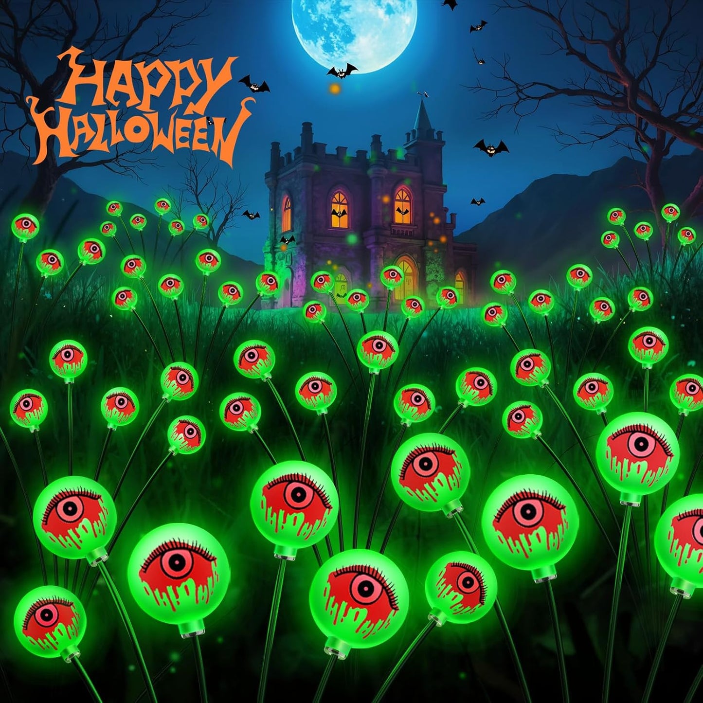 Solar Halloween Eyeball Lights - 6 Pack 36 LED Green Scary Pathway Decor