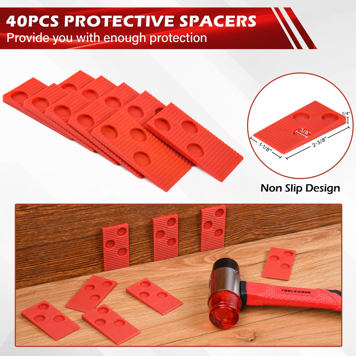 TOOLEAGUE 43Pcs Laminate Wood Flooring Installation Kit with 10-3/4 inch Double-Faced Soft Mallet,40Pcs Spacers,Heavy Duty Pull Bar and Tapping Block