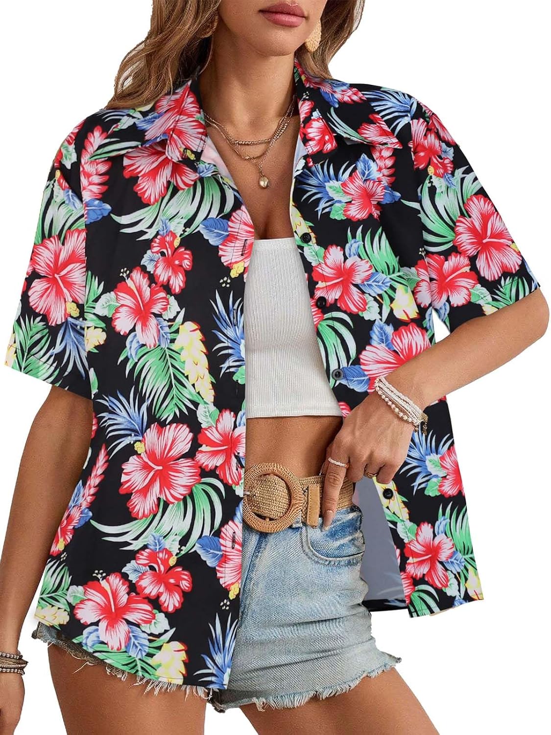 Skiennix Women’s Hawaiian Shirt - Cool Short Sleeve V-Neck Blouse for Summer Beach Outfits