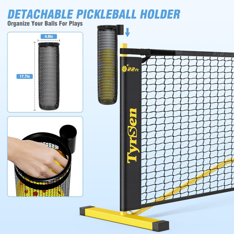 TYRSEN Portable Pickleball Net for Driveway, 22 FT Regulation Size & 11 FT Half Court Size Pickleball Net with Ball Collector, 2-in-1 Pickle Ball Net with Carry Bag for Outdoor Indoor Garages