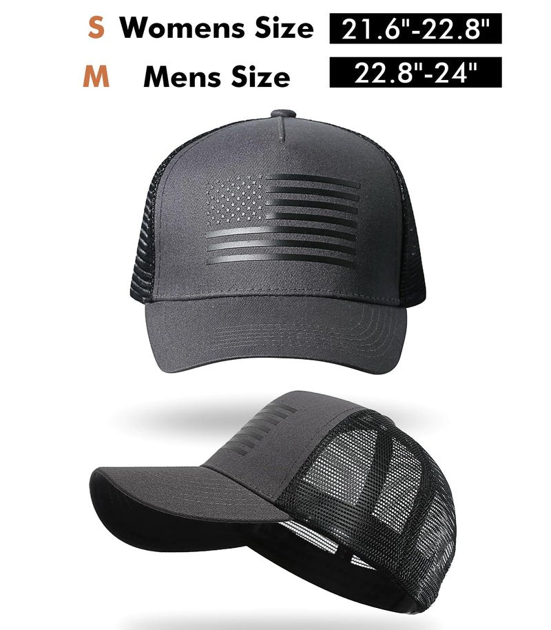 spxkd American Flag Trucker Hat,USA Hat for Men Women Snapback Baseball Cap Adjustable Breathable Mesh Side Durable Hats Outdoor (US, Alpha, Medium, 2 Pcs Black and Dark Grey)
