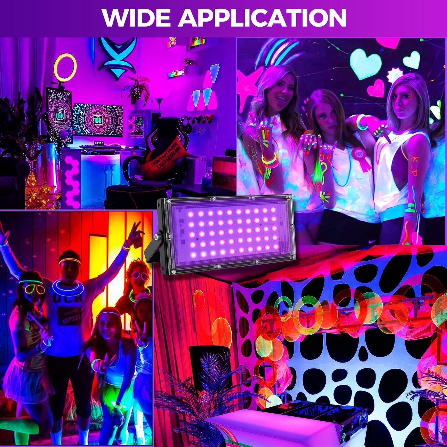 Waygor 50W LED Black Lights for Glow Party, IP65 Waterproof UV Blacklight Floodlight 395nm Black Light Flood Lights Purple Blacklights Spotlight Fluorescent UV Light Lamp for Halloween Decor (2 Pack)