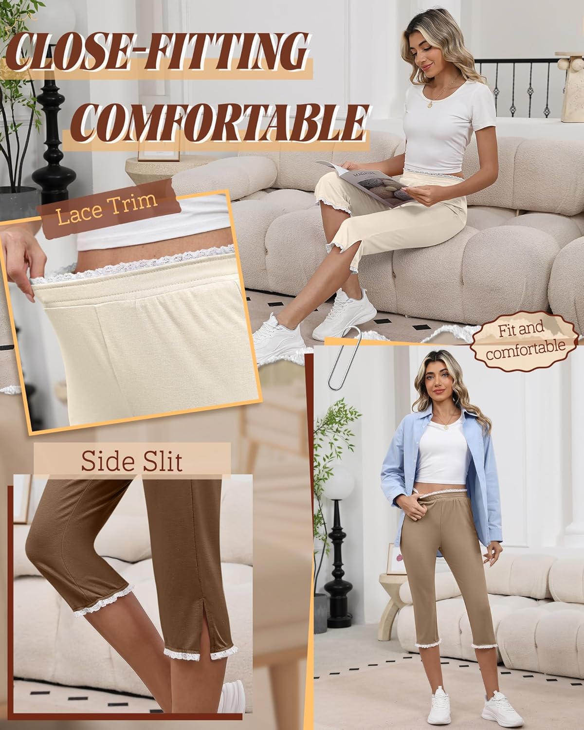 Oakgarden Women's Capri Leggings - Lace Trim Split Hem, Stretchy & Comfortable | 3-Pack Summer Casual Pants