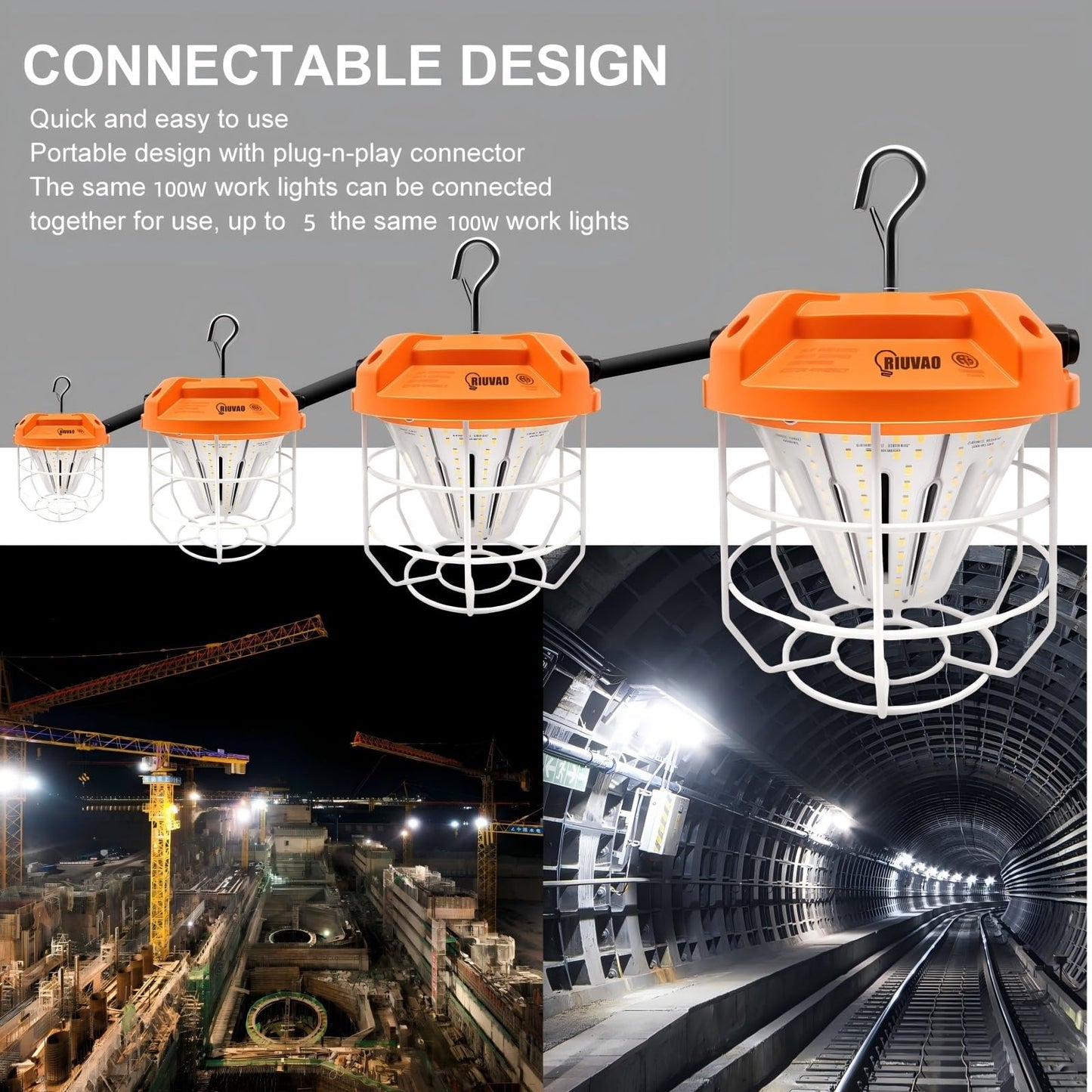 LED Temporary Work Light 100W, 15000Lm, 5000K Daylight White, Portable, Connectable LED Worksite Light with Hook, IP65 Dustproof and Waterproof, Suitable for Wet Locations and Construction Sites