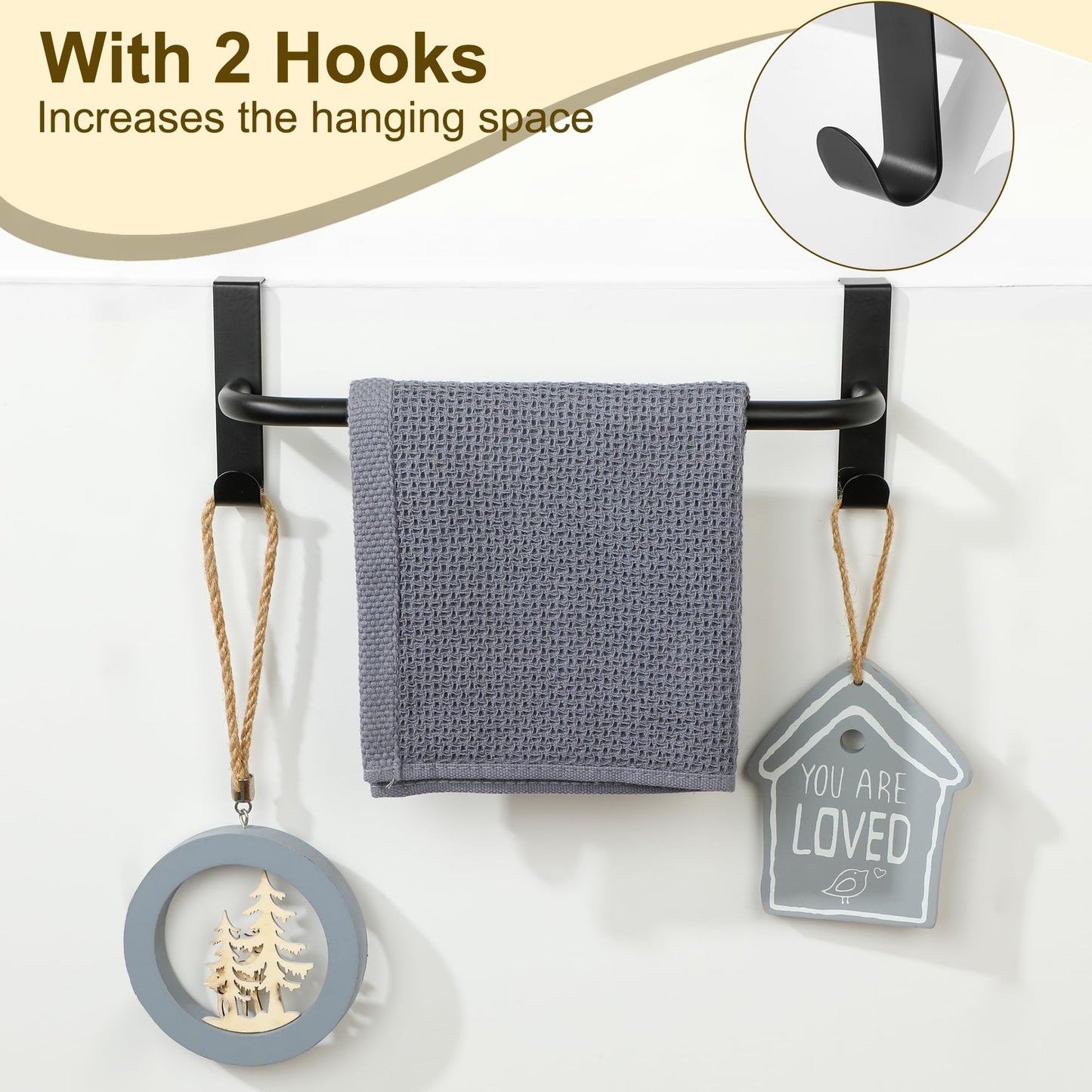 SAYAYO Over Cabinet Towel Bar Black, 10 Inch Kitchen Towel Holder with 2 Hooks, Over The Cupboard Door Dish Towel Rack, 2 Pcs