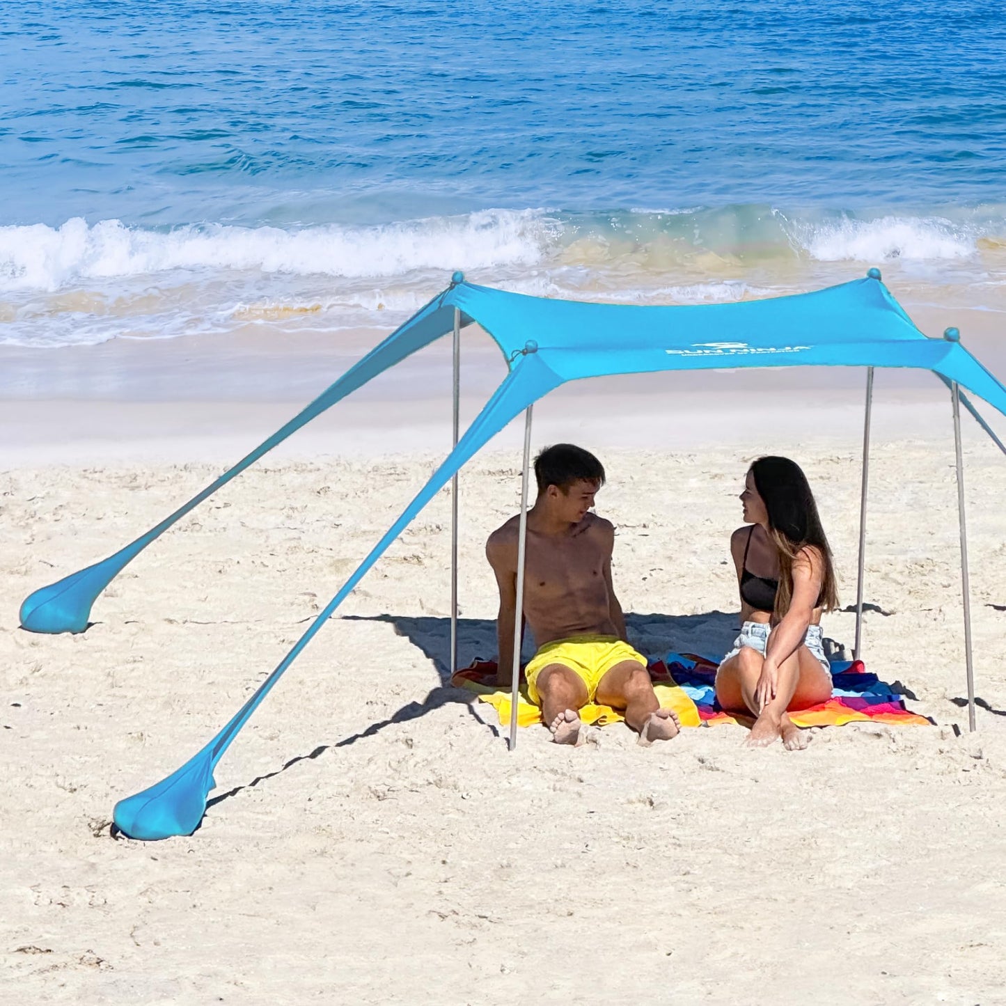 SUN NINJA Beach Tent Shelter with UPF50+ Protection, Includes Sand Shovel, Ground Pegs, Stability Poles, Outdoor Pop Up Shade Canopy for Camping, Fishing, Backyard Fun (Turquoise, 5x5 FT 4 Pole)