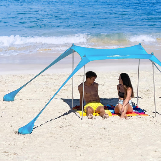 SUN NINJA Beach Tent Shelter with UPF50+ Protection, Includes Sand Shovel, Ground Pegs, Stability Poles, Outdoor Pop Up Shade Canopy for Camping, Fishing, Backyard Fun (Turquoise, 5x5 FT 4 Pole)