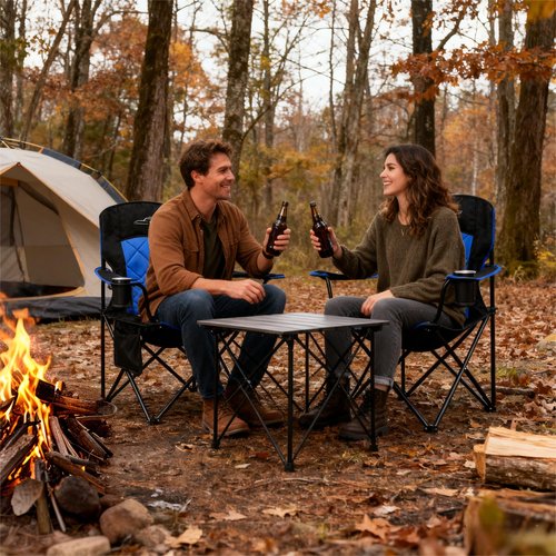 FAIR WIND Oversized Fully Padded Camping Chair, Heavy Duty Quad Fold Arm Chair Support 350 LBS with Cup Holder, Collapsible Lumbar Back Chair Portable for Outdoor, Blue
