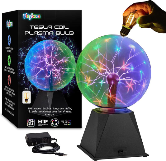 Playbees 7-Inch Colorful Plasma Ball - Tesla Coil Globe with Multicolor Lightning Effects for Parties & STEM Learning