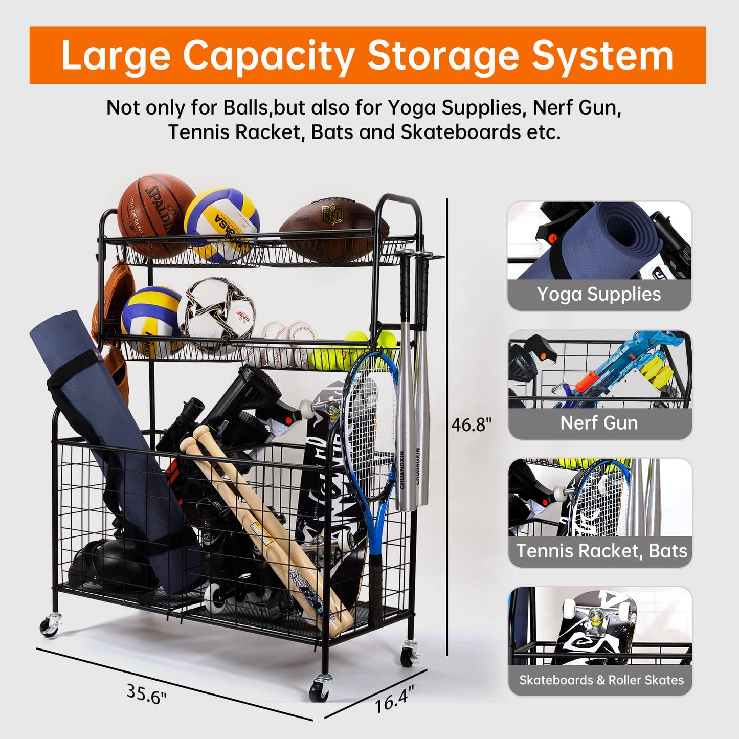 WEYMILA Sport Equipment Organizer for Garage, Steel Basketball Rack with Baseball Bat Holder and Hooks, Easy Assembly Storage for Balls, Kids' Toys, and Workout Gear in Basement, Home Gym, Outdoor