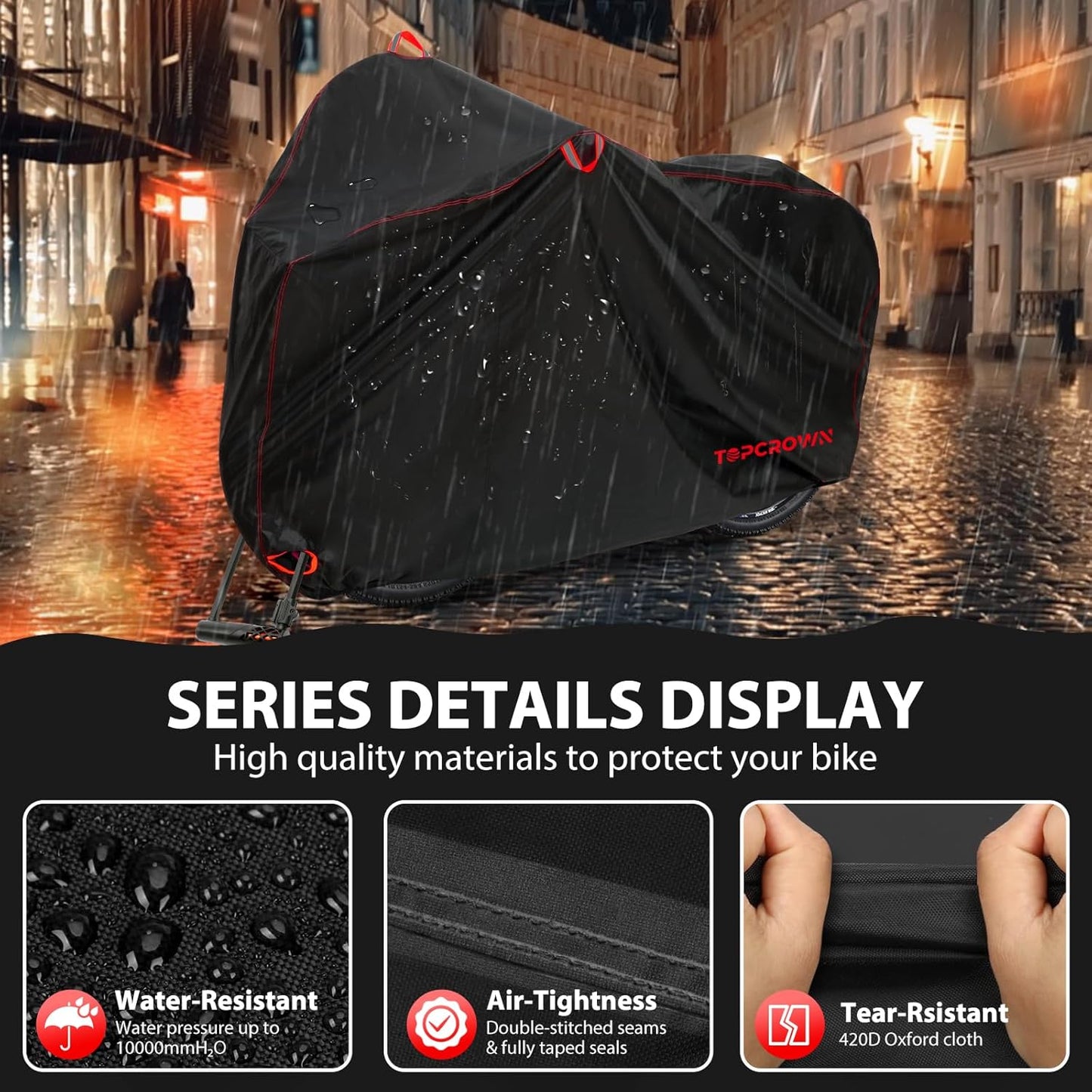 Topcrown Waterproof Bike Cover - Outdoor Storage for 3 Bikes | UV, Dust & Wind Protection (420D Black & Red, XXXL)