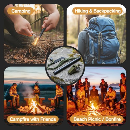 Daco Min 6" x 1/2" Drilled Ferro Rod Fire Starter Kit - Large Ferrocerium Flint and Steel, Multitool Striker & 3-in-1 Survival Whistle (with Compass, Thermometer)-Emergency Gear for Camping, Bushcraft