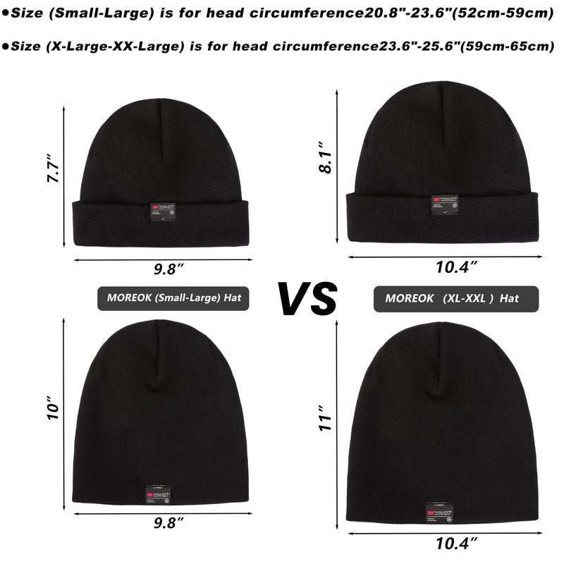 MOREOK Knit Cuffed Beanie Hats for Men Women-3M Thinsulate Winter Snow Ski Warm Skull Hat Cap with Fleece Liner -Black（Small-Large）